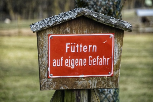 Schild aus Holz mit weißer Schrift auf rotem Grund Füttern auf eigene Gefahr im Greifvogelzoo Potzberg