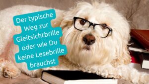 Weisser Hund mit Brille und Büchern