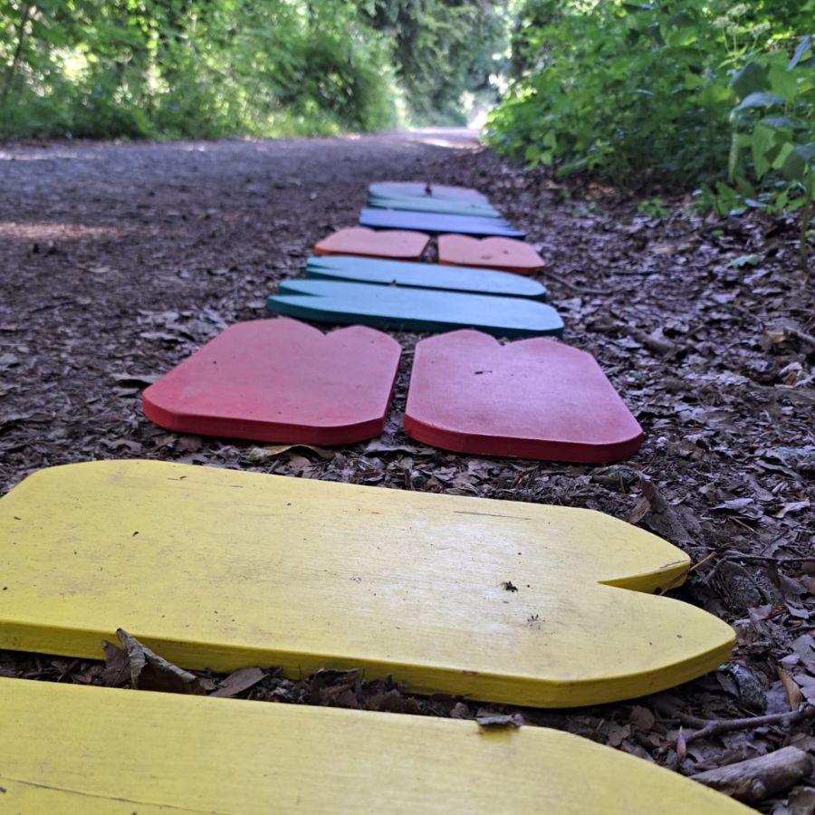 Eine bunte Hüpfstrecke für Kinder auf einem Waldweg